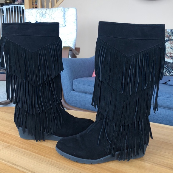 Reaction Kenneth Cole Shoes - Suede black tall fringe boots